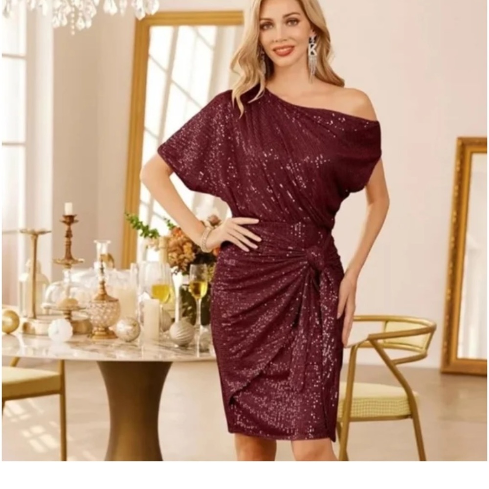 NWT Grace Karin One Shoulder Red Sequin Dress
